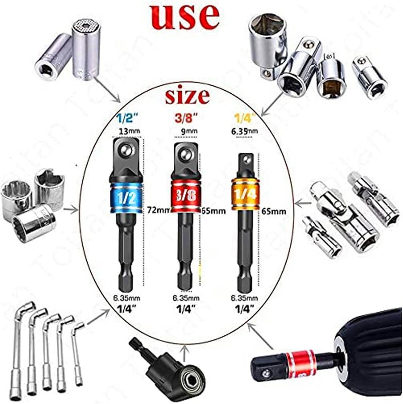 CIGOTU Impact Grade Socket Adapter Set - 3 Pcs Extension Drill Bit Socket Wrench Adapter for Impact Driver 1/4 3/8 1/2" Drive, 105 Degree Right Angle Drill Attachment for Household Workplace Industry - Image 2